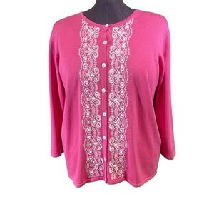 Alfred Dunner women plus size1X Pink embroidery button up long sleeve cardigan